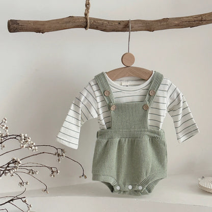 2-Piece Baby Crawling Suit Set in Green and White for 0-18 Months