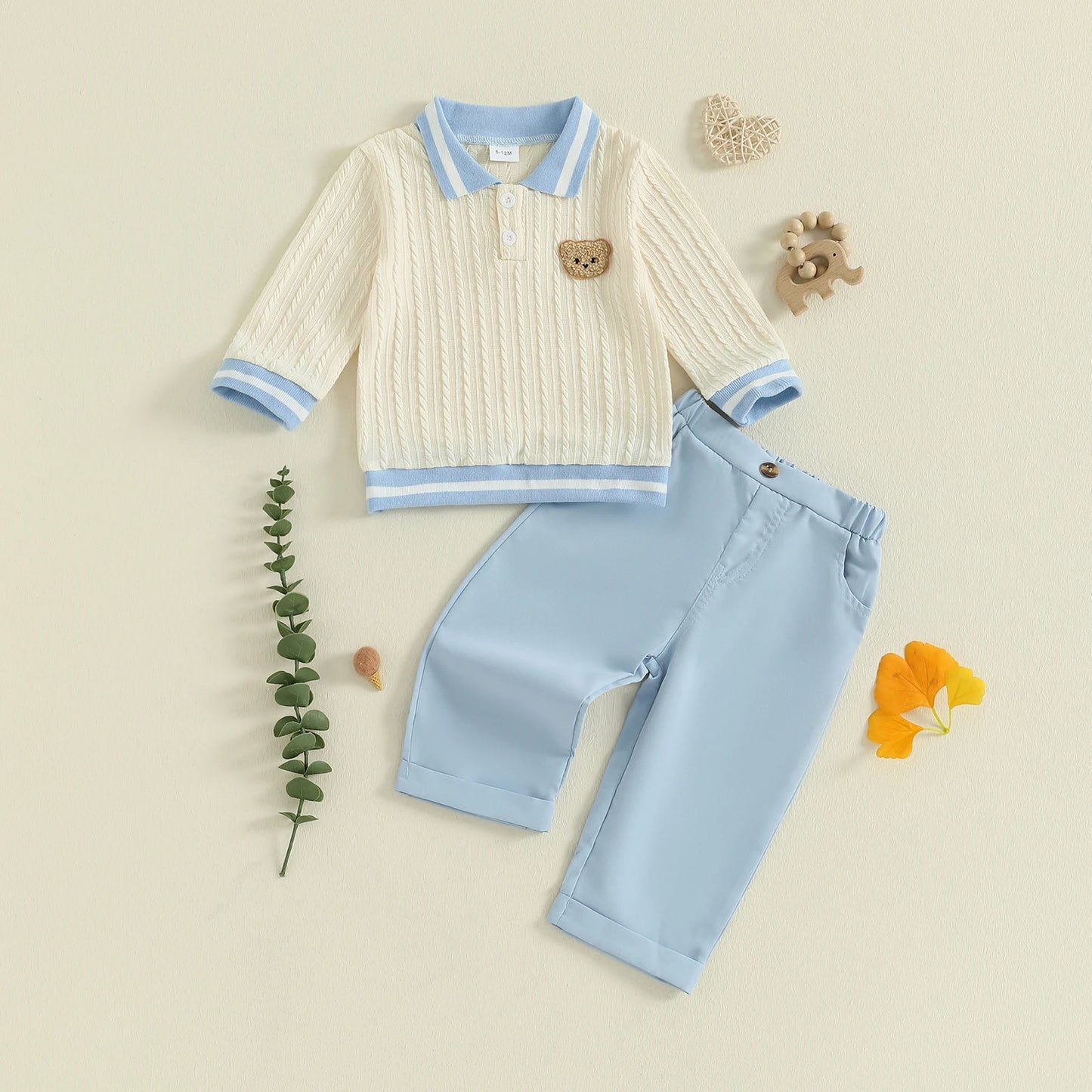 Baby Boy's Bear Embroidered Sweatshirt and Pants Set