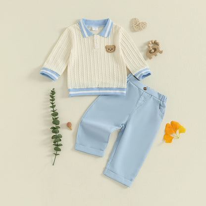 Baby Boy's Bear Embroidered Sweatshirt and Pants Set