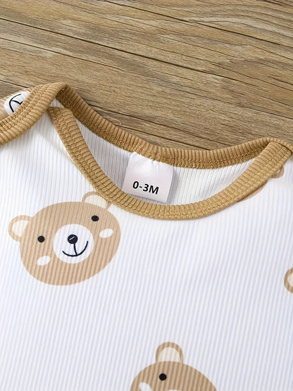 Cute Little Bear Print Baby Boy Jumpsuit, Pants, & Hat Set