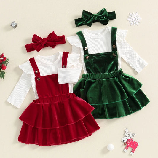 Newborn Baby Girl Christmas Romper Skirt Set with Headband