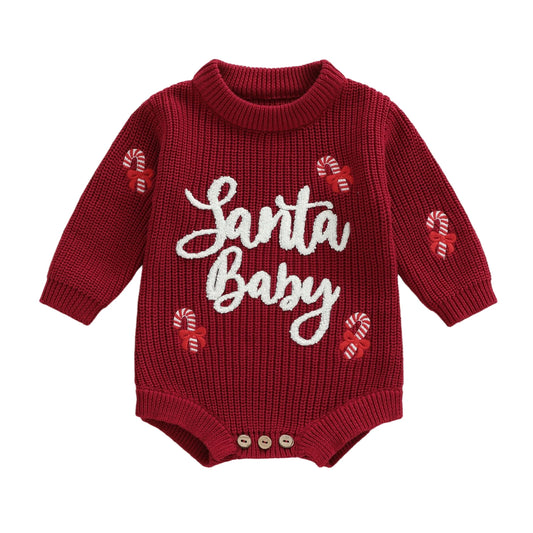 Baby Girl Christmas Knit Romper with Candy Cane Embroidery