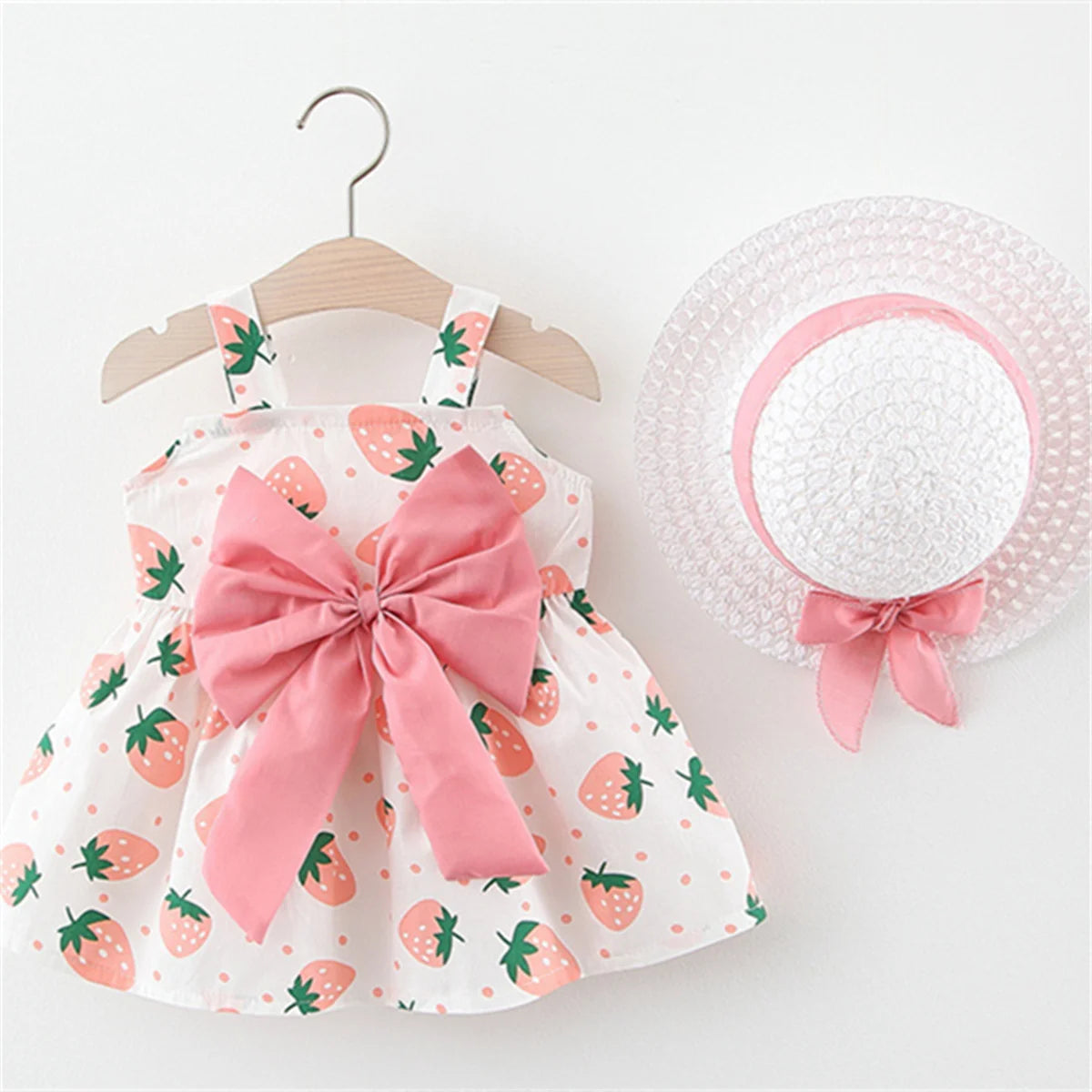 Strawberry Print Baby Girl Dress with Bow and Hat