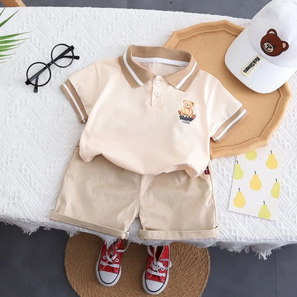 Summer Baby Cartoon Polo Tee and Shorts Set for Kids