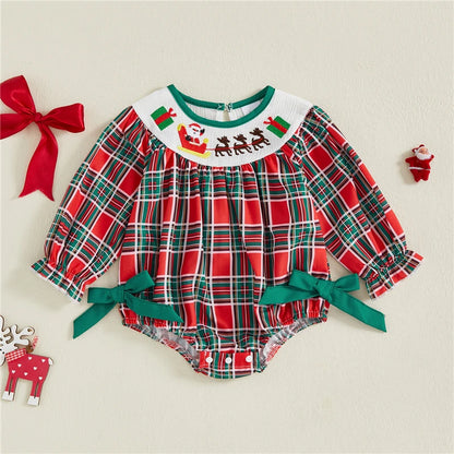 Newborn Baby Girl Christmas Santa Print Long Sleeve Romper
