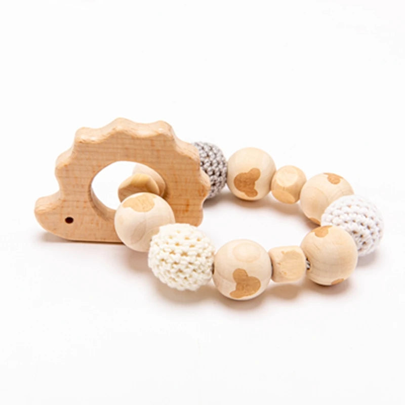 Wooden Animal Teether and Rattle Toy for Babies