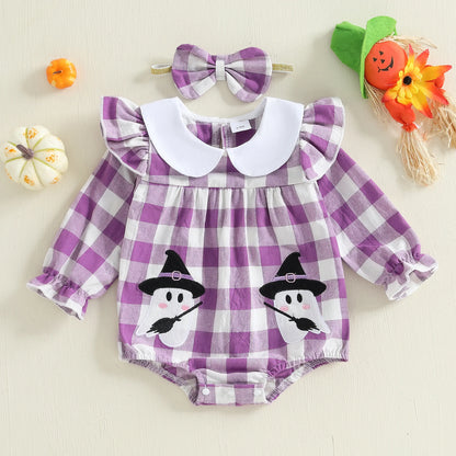 Baby Girls Plaid Romper with Embroidered Collar & Headband Set