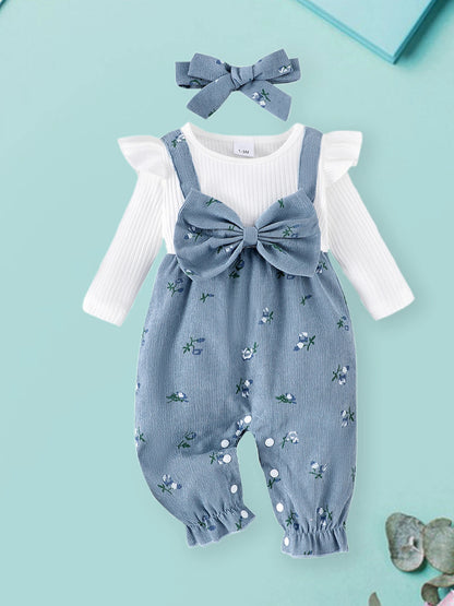 Floral Long Sleeve Romper Set for Baby Girls with Bow Headband