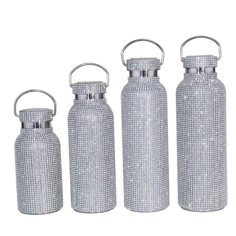 Rhinestone Stainless Steel Water Bottle with Carrying Strap