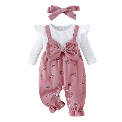 Floral Long Sleeve Romper Set for Baby Girls with Bow Headband
