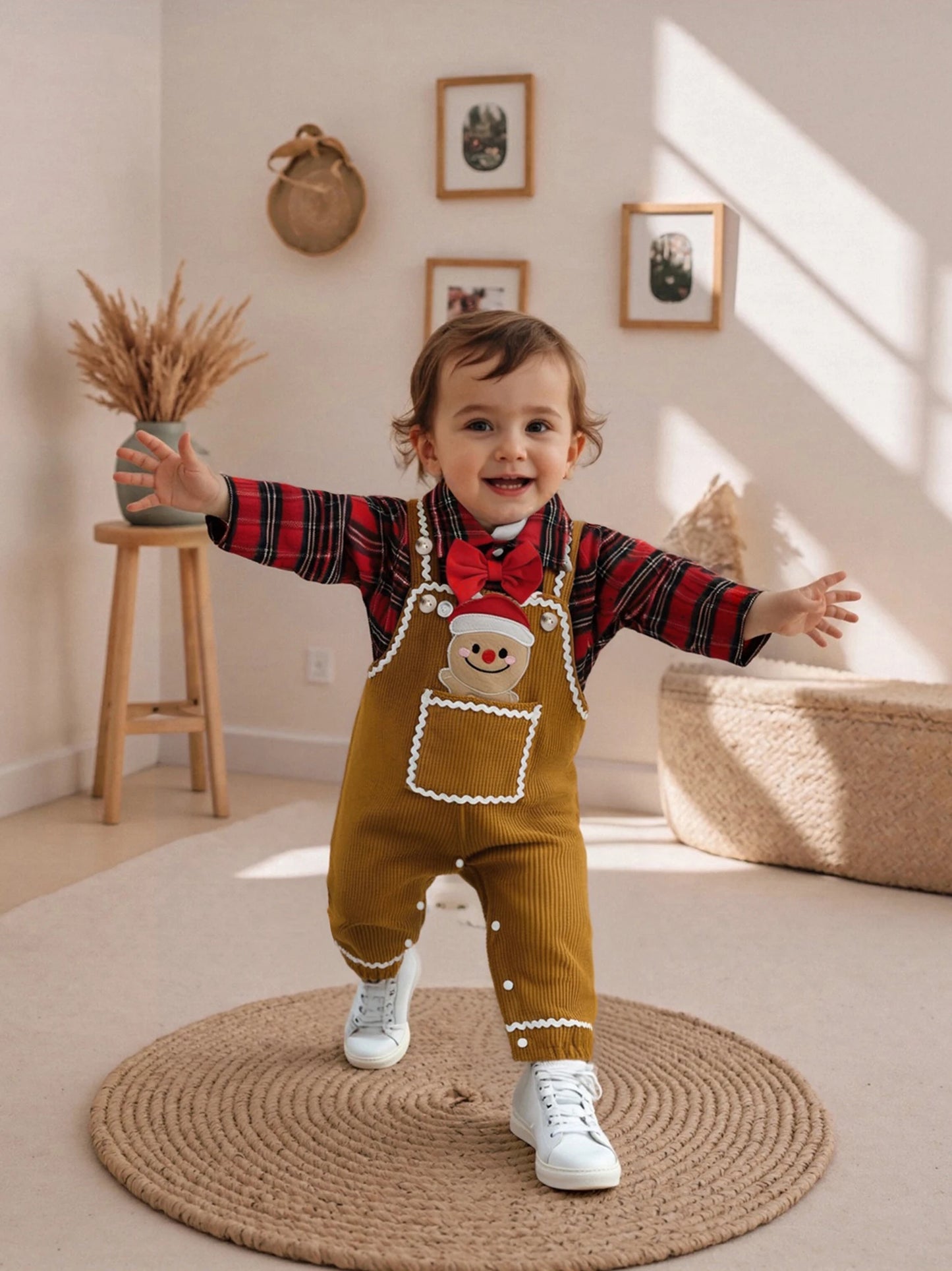Baby Boys Christmas Plaid Romper with Gingerbread Embroidery