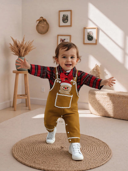 Baby Boys Christmas Plaid Romper with Gingerbread Embroidery