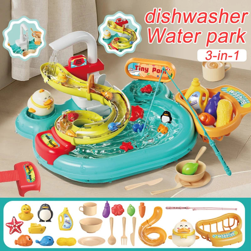 Kids Kitchen Dishwashing Basin & Fishing Pretend Play Set