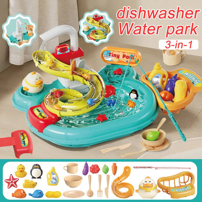 Kids Kitchen Dishwashing Basin & Fishing Pretend Play Set