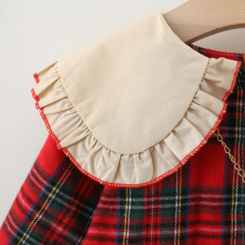 Red Plaid Baby Dress Set with Rabbit Doll for Girls