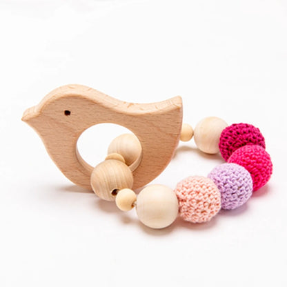 Wooden Animal Teether and Rattle Toy for Babies
