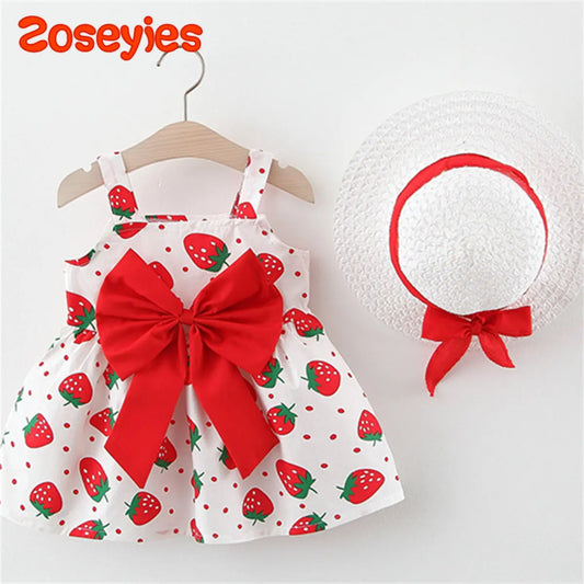 Strawberry Print Baby Girl Dress with Bow and Hat