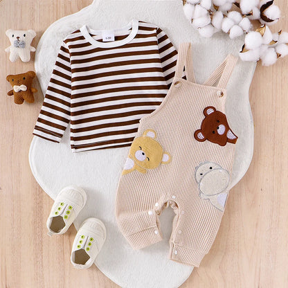 Infant Striped Bear Embroidery Overall Set for Fall 0-18M