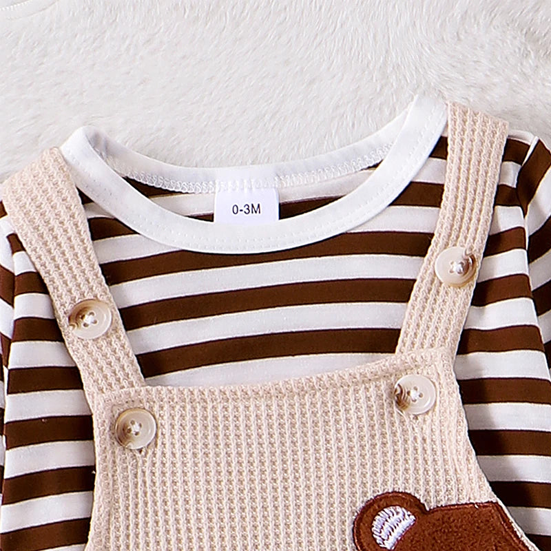 Infant Striped Bear Embroidery Overall Set for Fall 0-18M