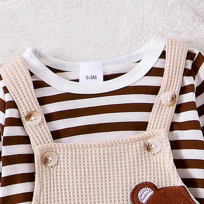 Infant Striped Bear Embroidery Overall Set for Fall 0-18M