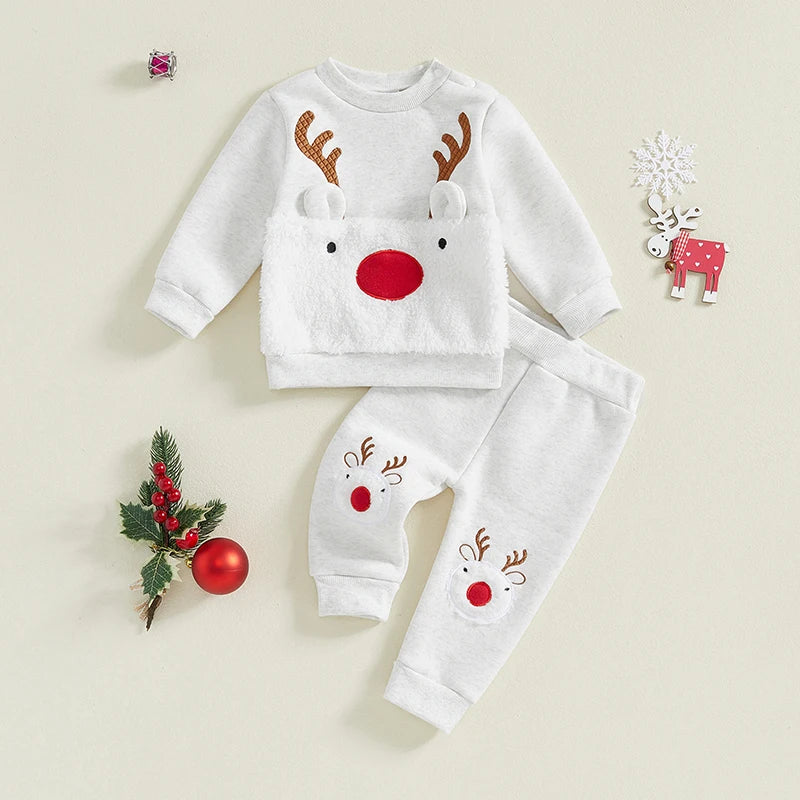 Reindeer Embroidered Toddler Christmas Outfit 2-Piece Set