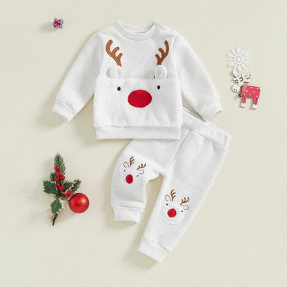 Reindeer Embroidered Toddler Christmas Outfit 2-Piece Set