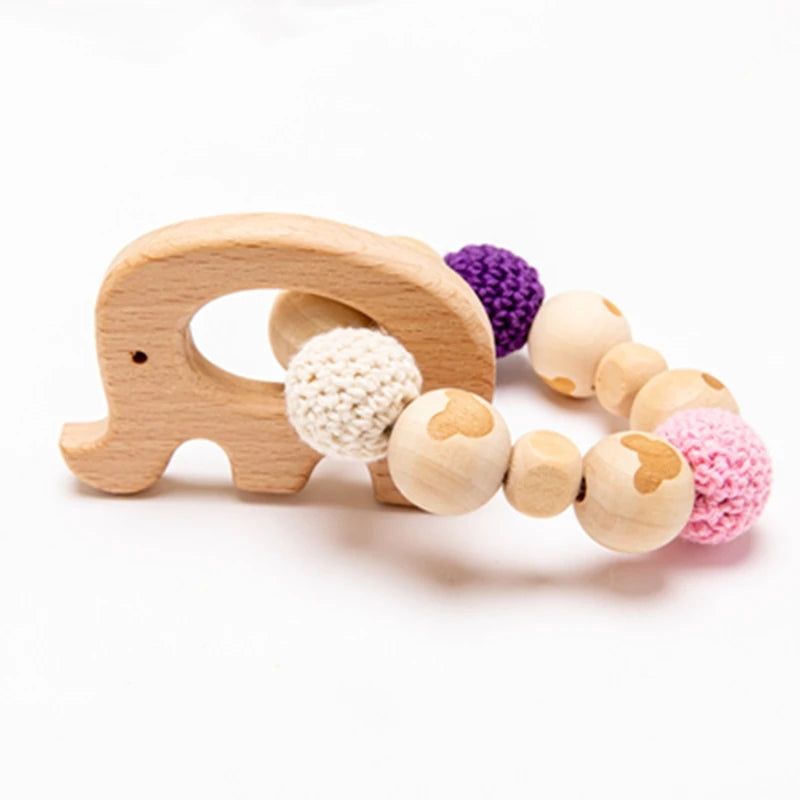 Wooden Animal Teether and Rattle Toy for Babies