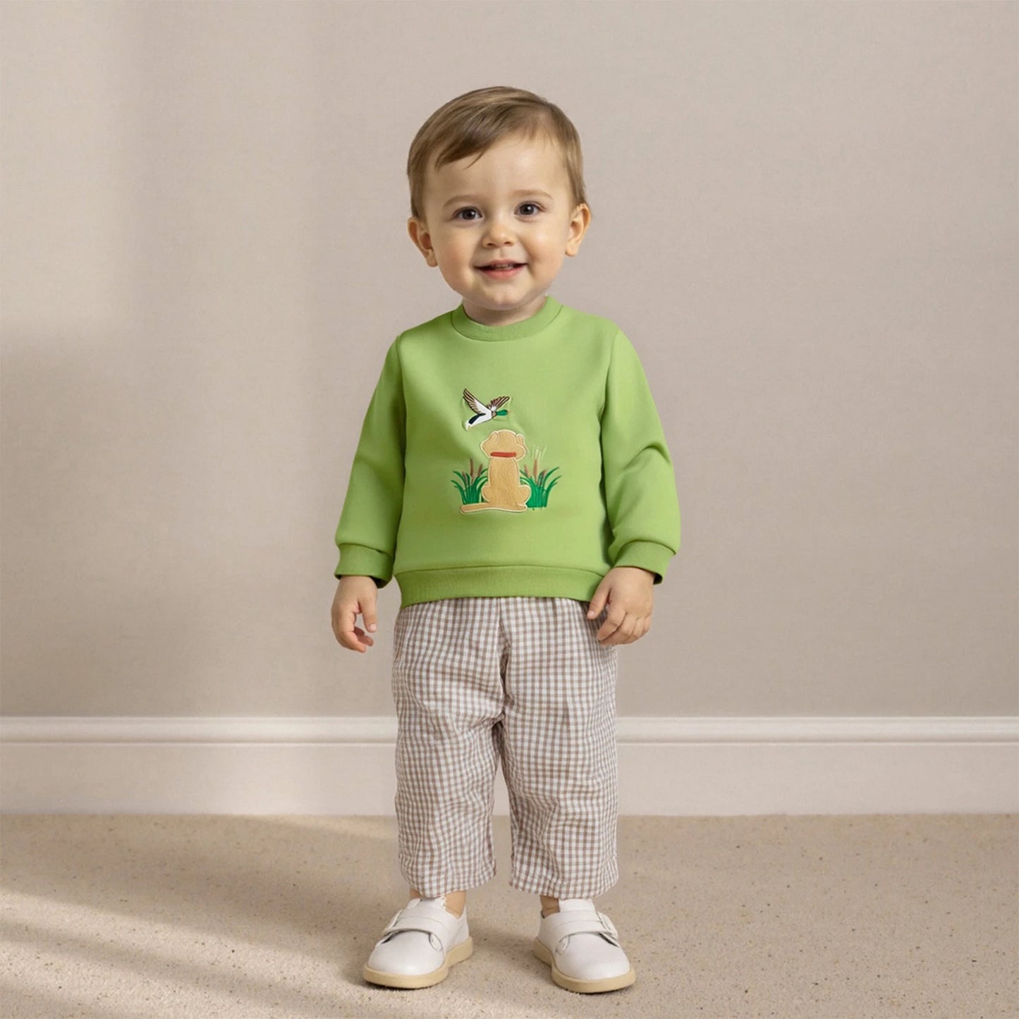 Boys' Long Sleeve Duck Embroidery Top & Plaid Pants Set