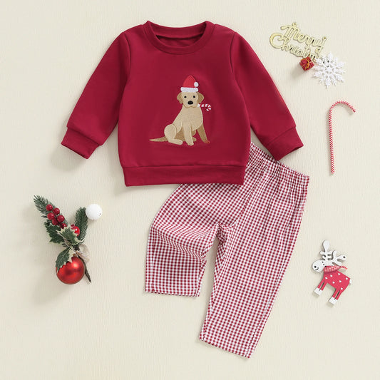 Toddler Boys' Dog Embroidered Sweatshirt & Plaid Pants Set