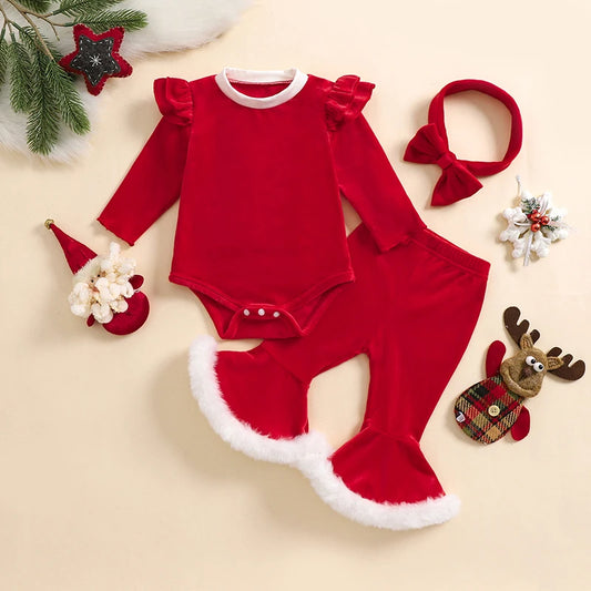 Newborn Baby Girl Christmas Romper and Flare Pants Set