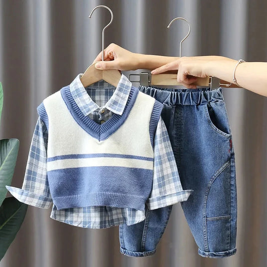 Boys' 3-Piece Autumn Outfit Set: Vest, Shirt & Jeans