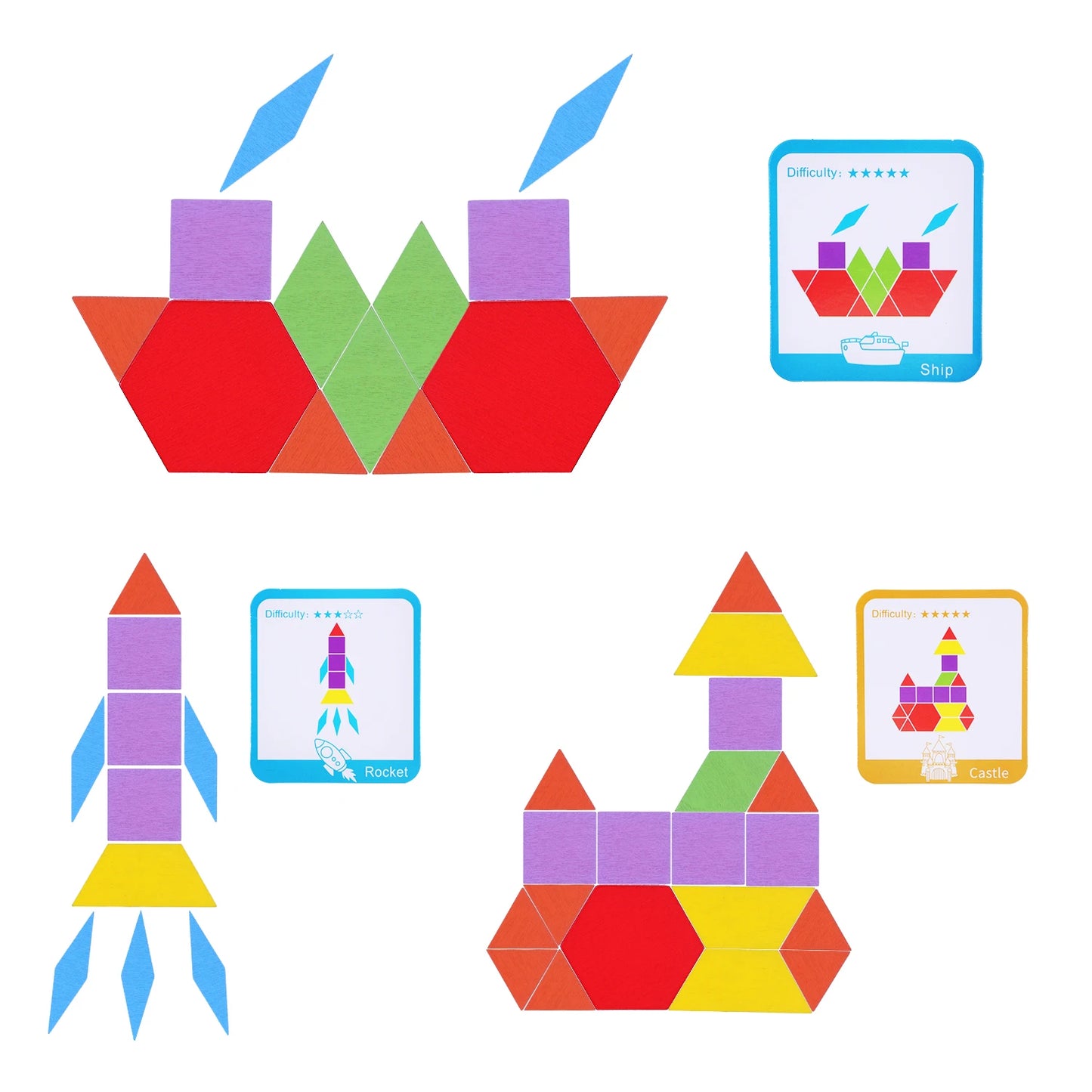 Wooden Geometric Pattern Blocks Set for Kids - 155 Pieces