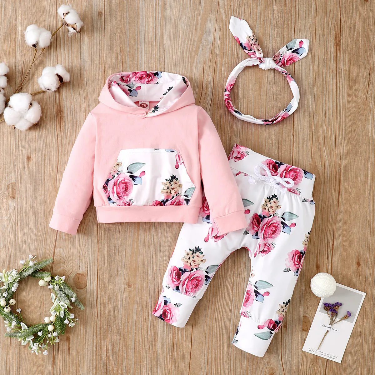 3PCS Baby Girl Floral Hooded Set with Headband 0-18 Months