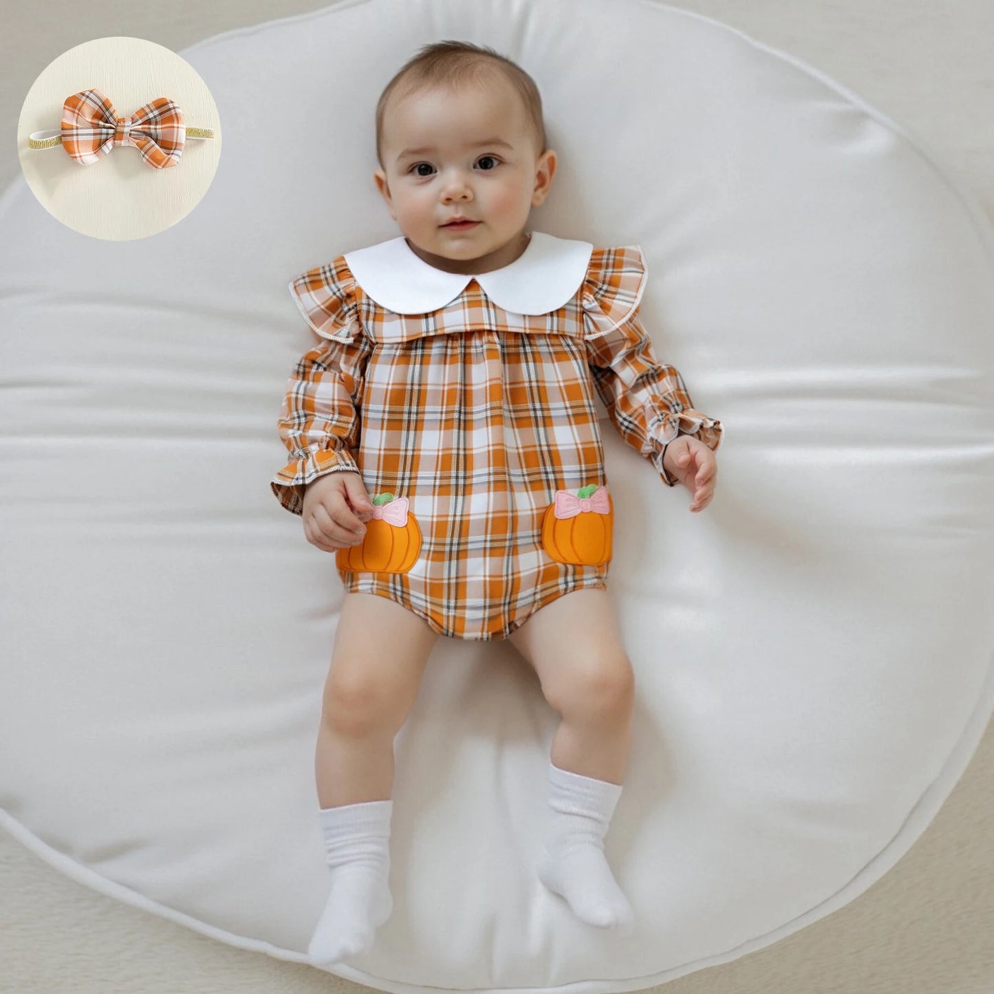Baby Girls Plaid Romper with Embroidered Collar & Headband Set