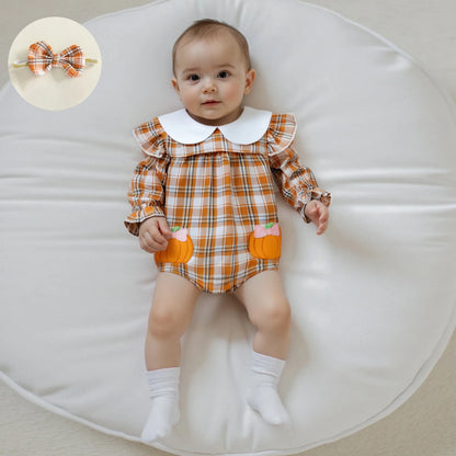 Baby Girls Plaid Romper with Embroidered Collar & Headband Set