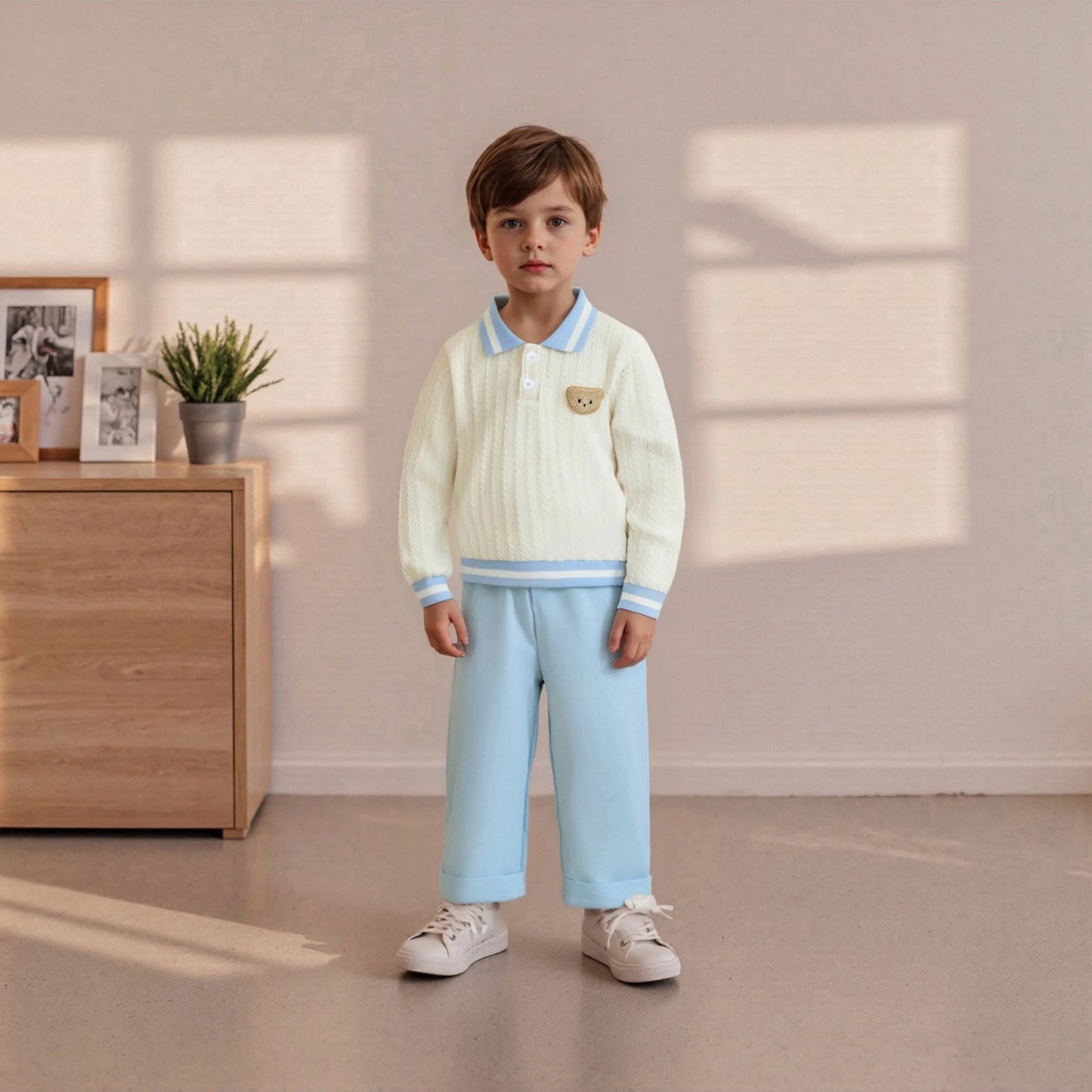 Baby Boy's Bear Embroidered Sweatshirt and Pants Set
