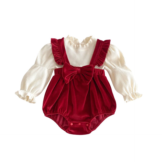Burgundy Velvet Baby Romper with Bow and Ruffle 0-24M