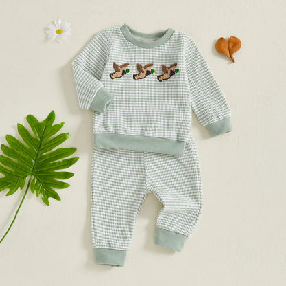 Toddler Boys' Duck Embroidery Long Sleeve Top & Striped Pants Set