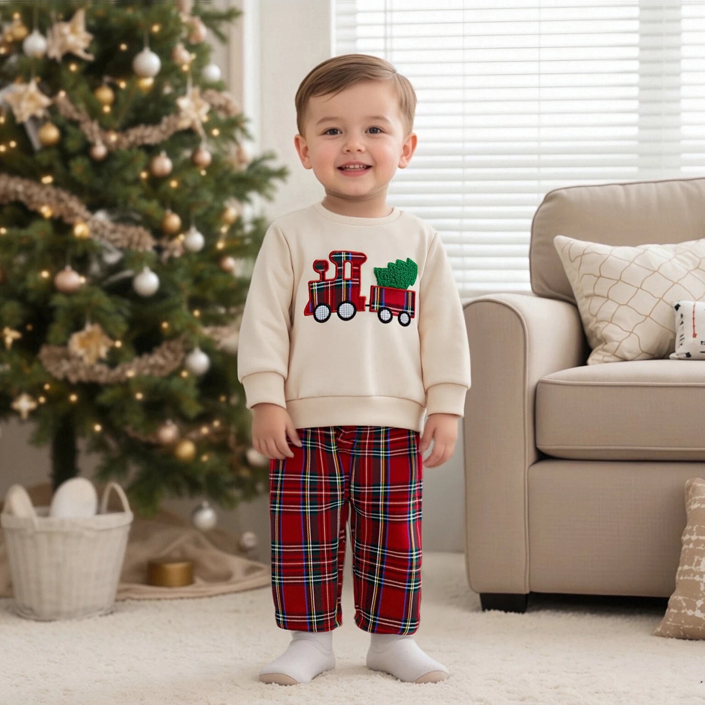Infant Boys Christmas Sweatshirt & Plaid Pants Set 0-3Y