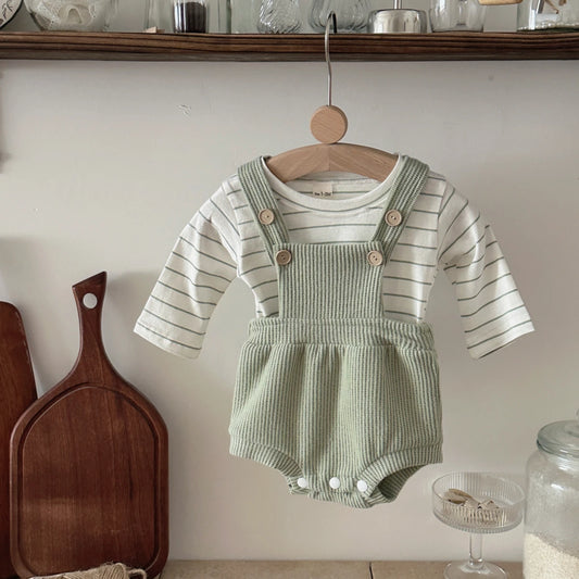 2-Piece Baby Crawling Suit Set in Green and White for 0-18 Months