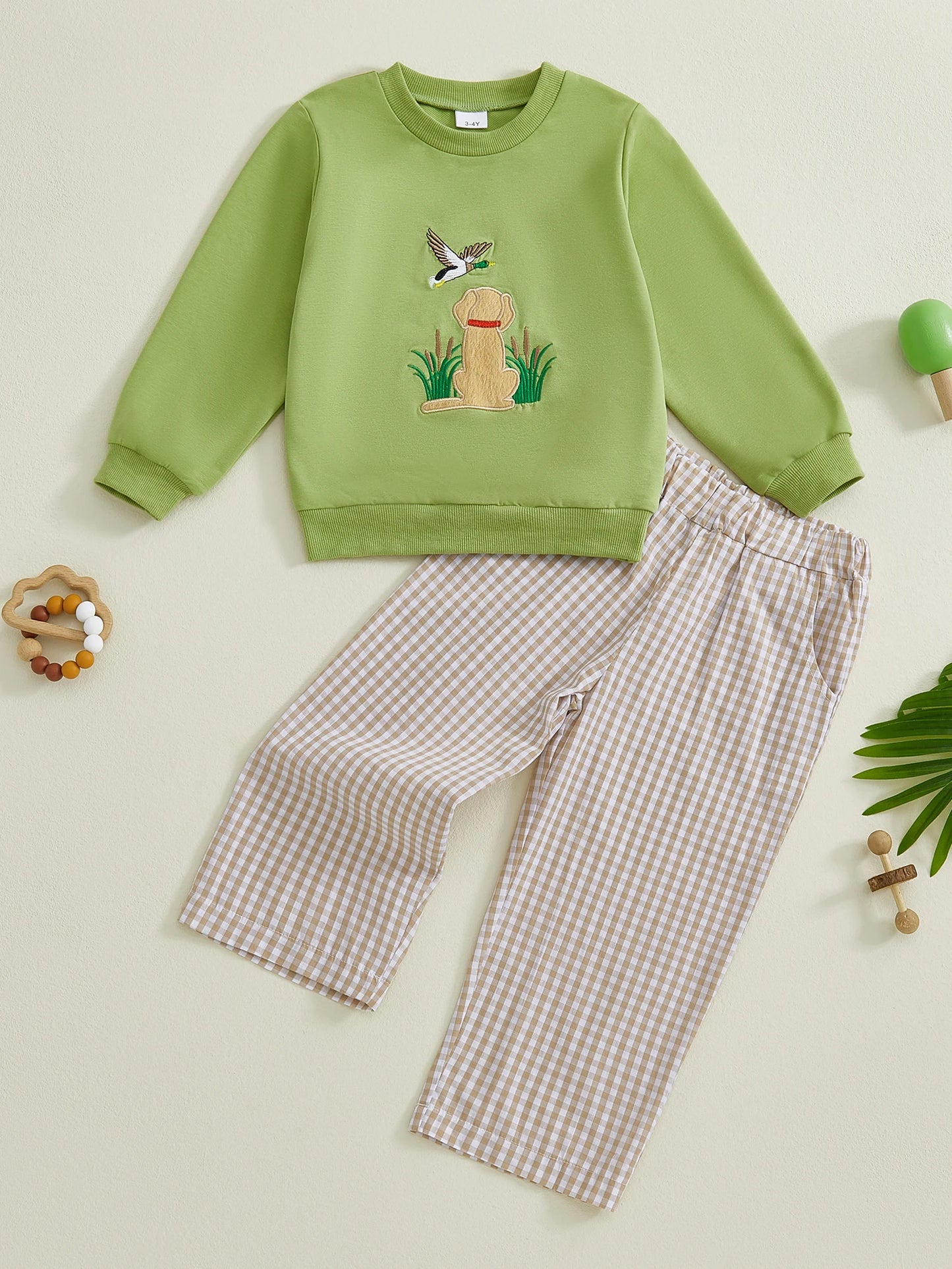 Boys' Long Sleeve Duck Embroidery Top & Plaid Pants Set