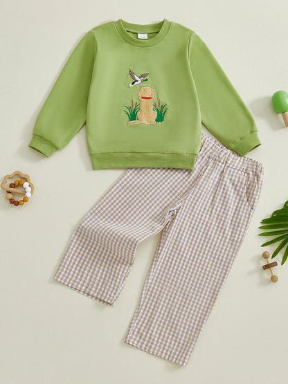 Boys' Long Sleeve Duck Embroidery Top & Plaid Pants Set