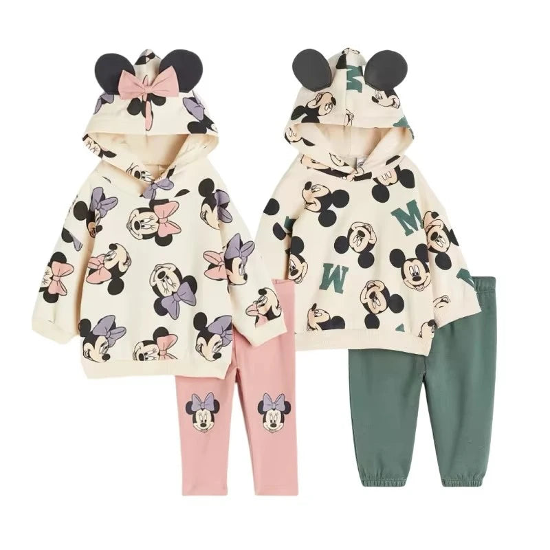 Kids Mickey and Minnie Cartoon Hooded Sweatshirt and Leggings Set