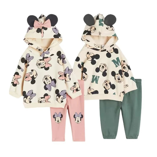 Kids Mickey and Minnie Cartoon Hooded Sweatshirt and Leggings Set