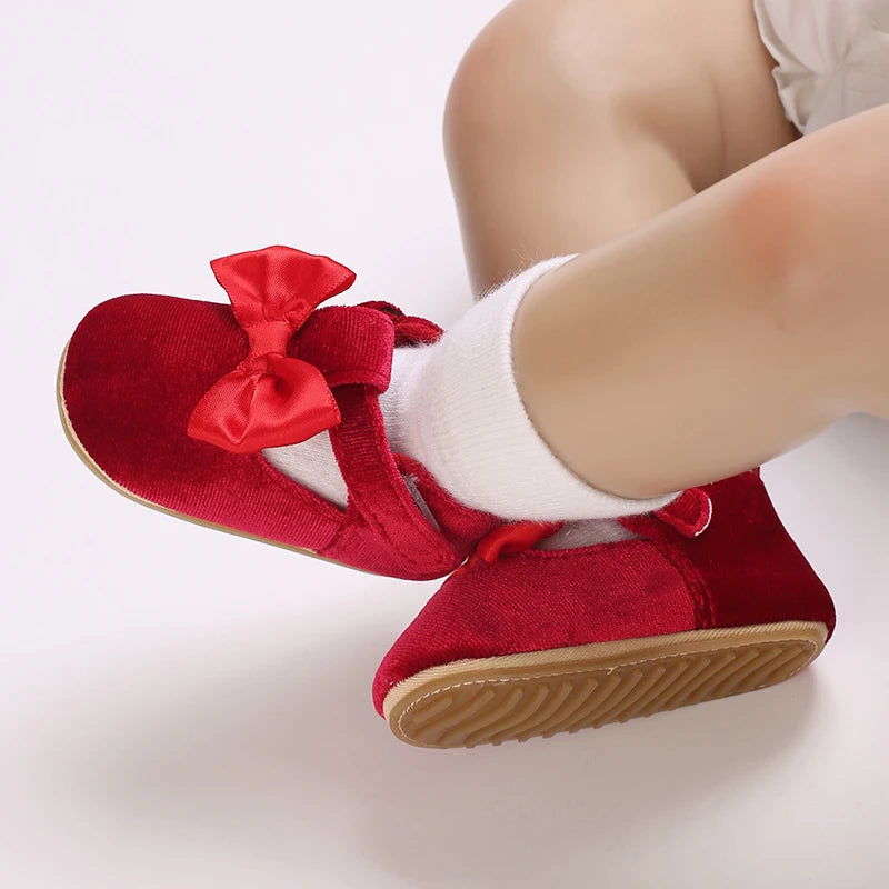Red Baby Girl Bow Soft Sole Anti-Slip Walking Shoes