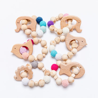 Wooden Animal Teether and Rattle Toy for Babies