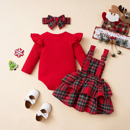Baby Girl Christmas Outfit Set with Ruffle Romper & Skirt
