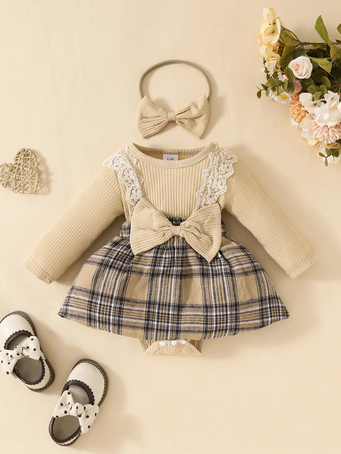 Plaid Long Sleeve Jumpsuit with Bow for Baby Girls 0-18M