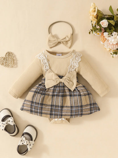 Plaid Long Sleeve Jumpsuit with Bow for Baby Girls 0-18M