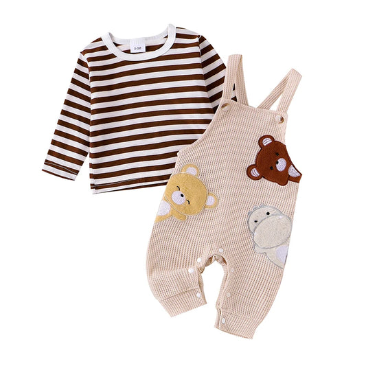 Infant Striped Bear Embroidery Overall Set for Fall 0-18M